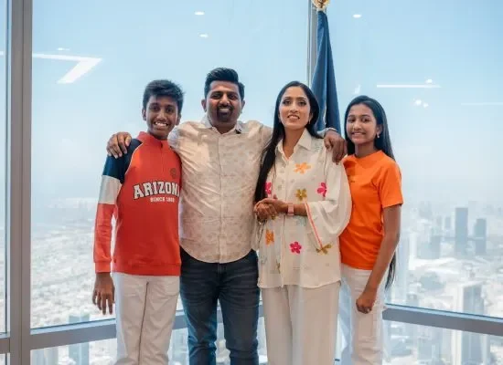 "Mamata Dhiraj Jain with her family at Burj Khalifa, Dubai"